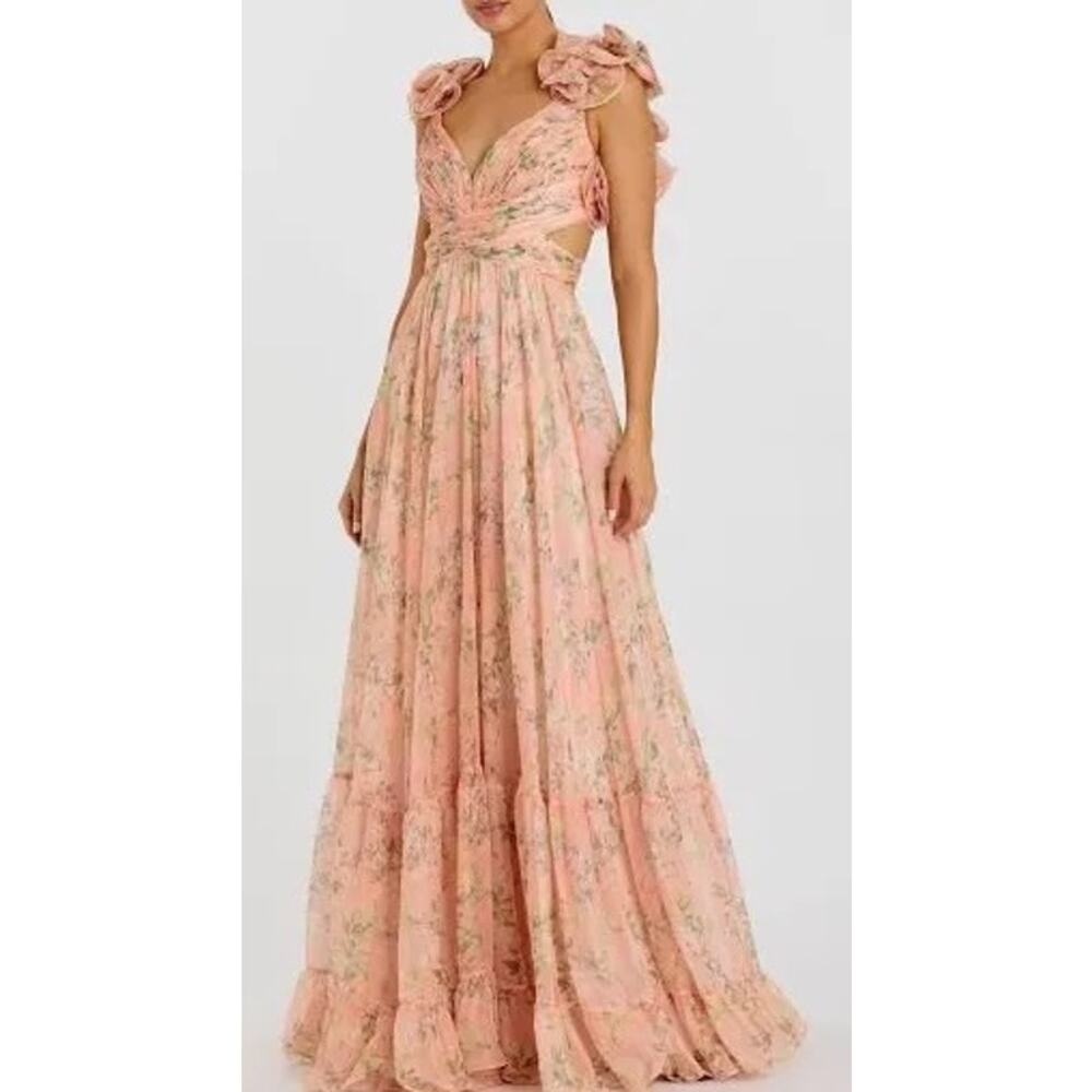 Mac Duggal Floral Cut Out V Neck Chiffon Gown Pink Multi Womens Size 8